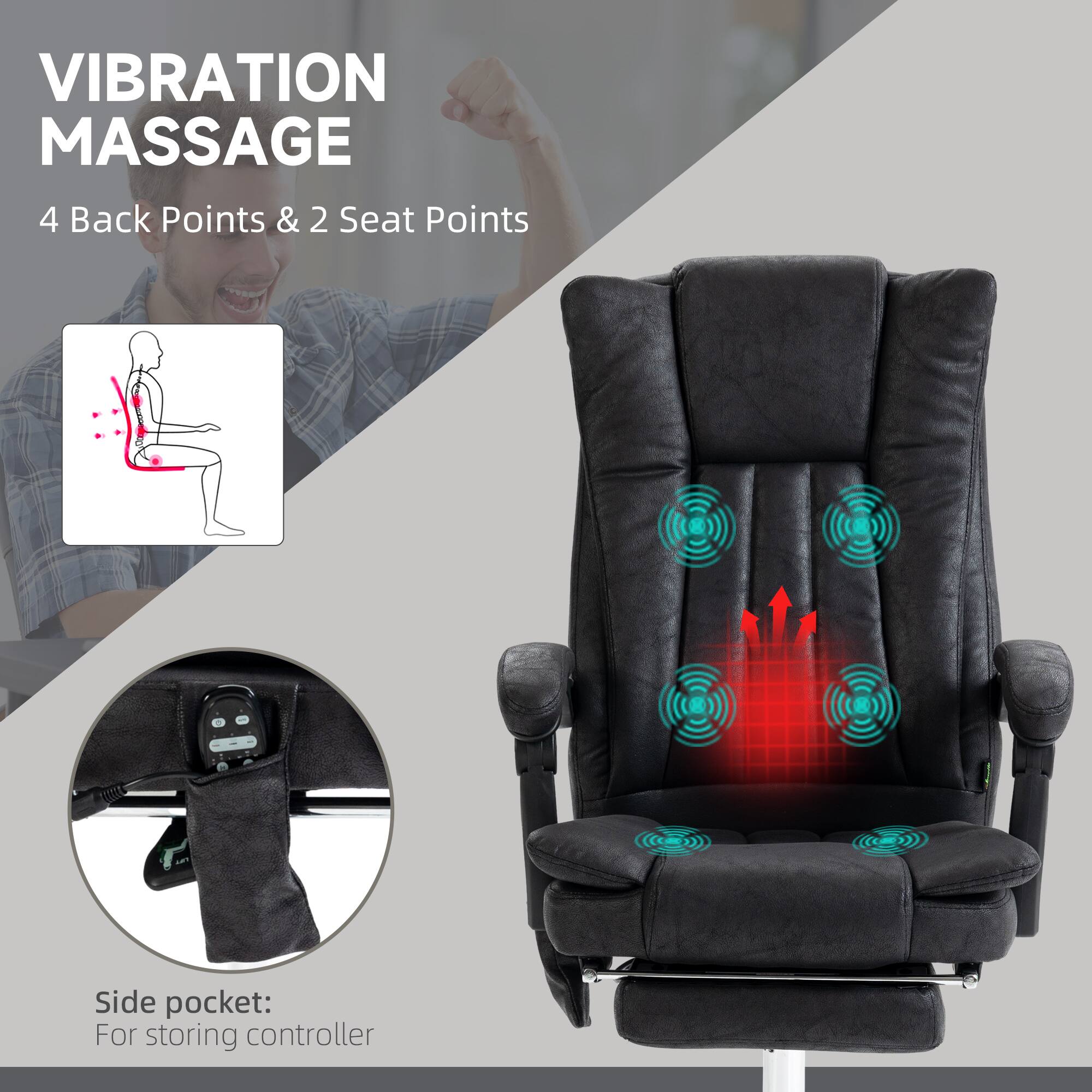 VIBRATION MASSAGE 4 Back Points & 2 Seat Points
Side pocket: For storing controller