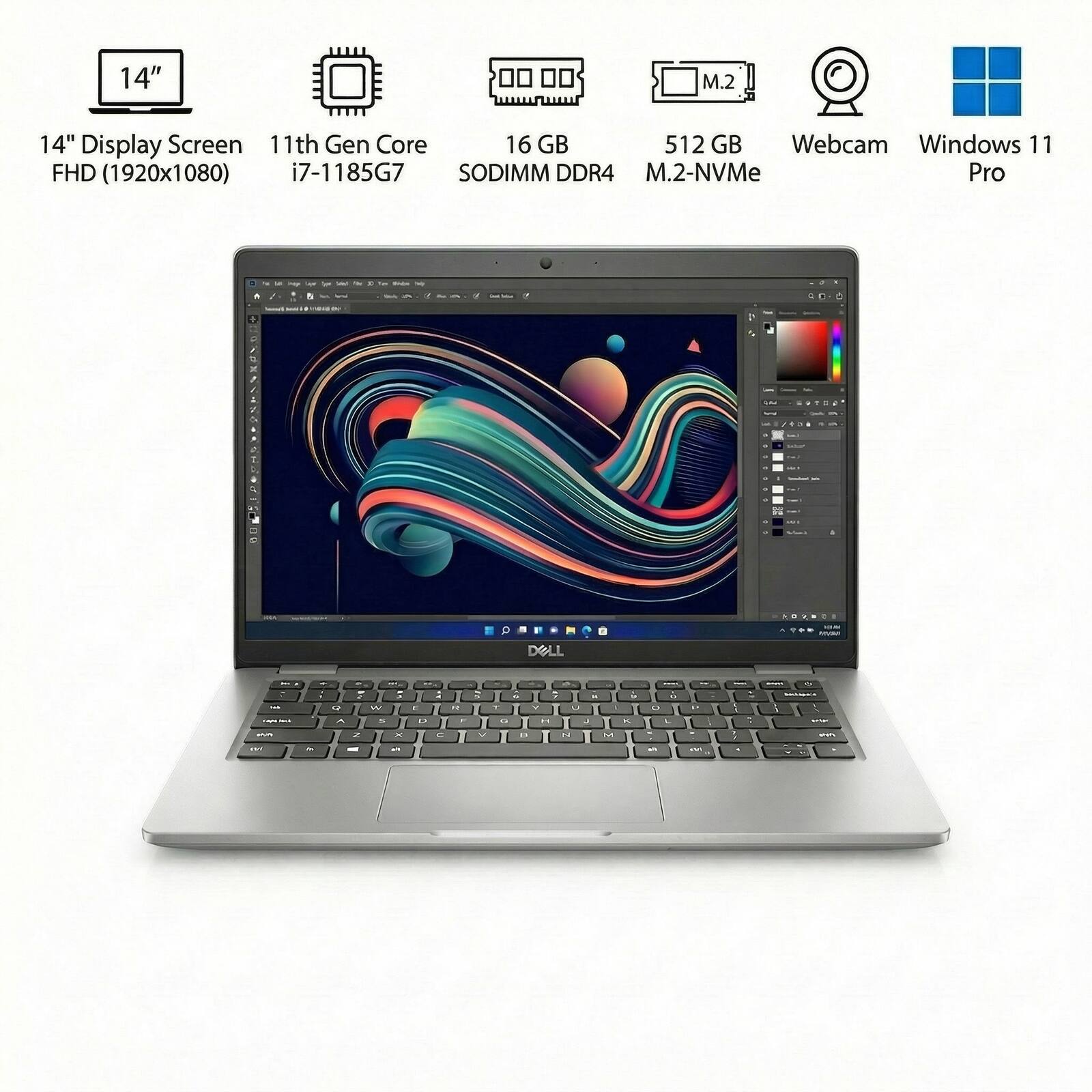 14" Display Screen  
11th Gen Core i7-1185G7  
16 GB SODIMM DDR4  
512 GB M.2-NVMe  
Webcam  
Windows 11 Pro  
FHD (1920x1080)