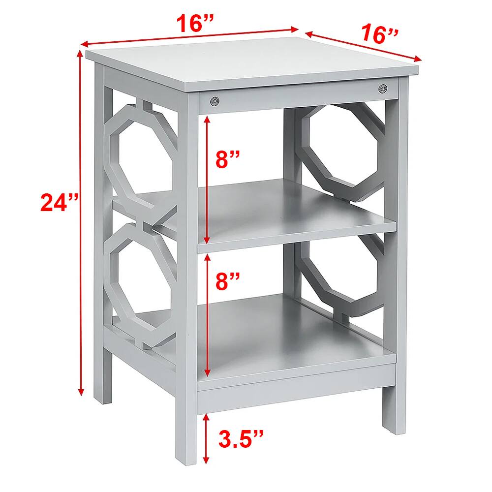 16" x 16" x 24"  
8" (height of top shelf)  
8" (height of middle shelf)  
3.5" (height of bottom shelf)