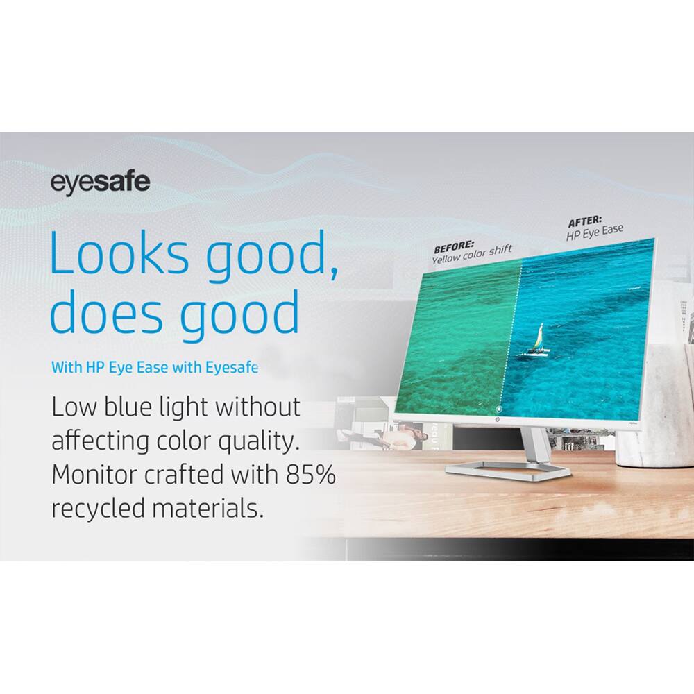 eyesafe

Looks good, does good

With HP Eye Ease with Eyesafe

Low blue light without affecting color quality. Monitor crafted with 85% recycled materials.

BEFORE: Yellow color shift

AFTER: HP Eye Ease