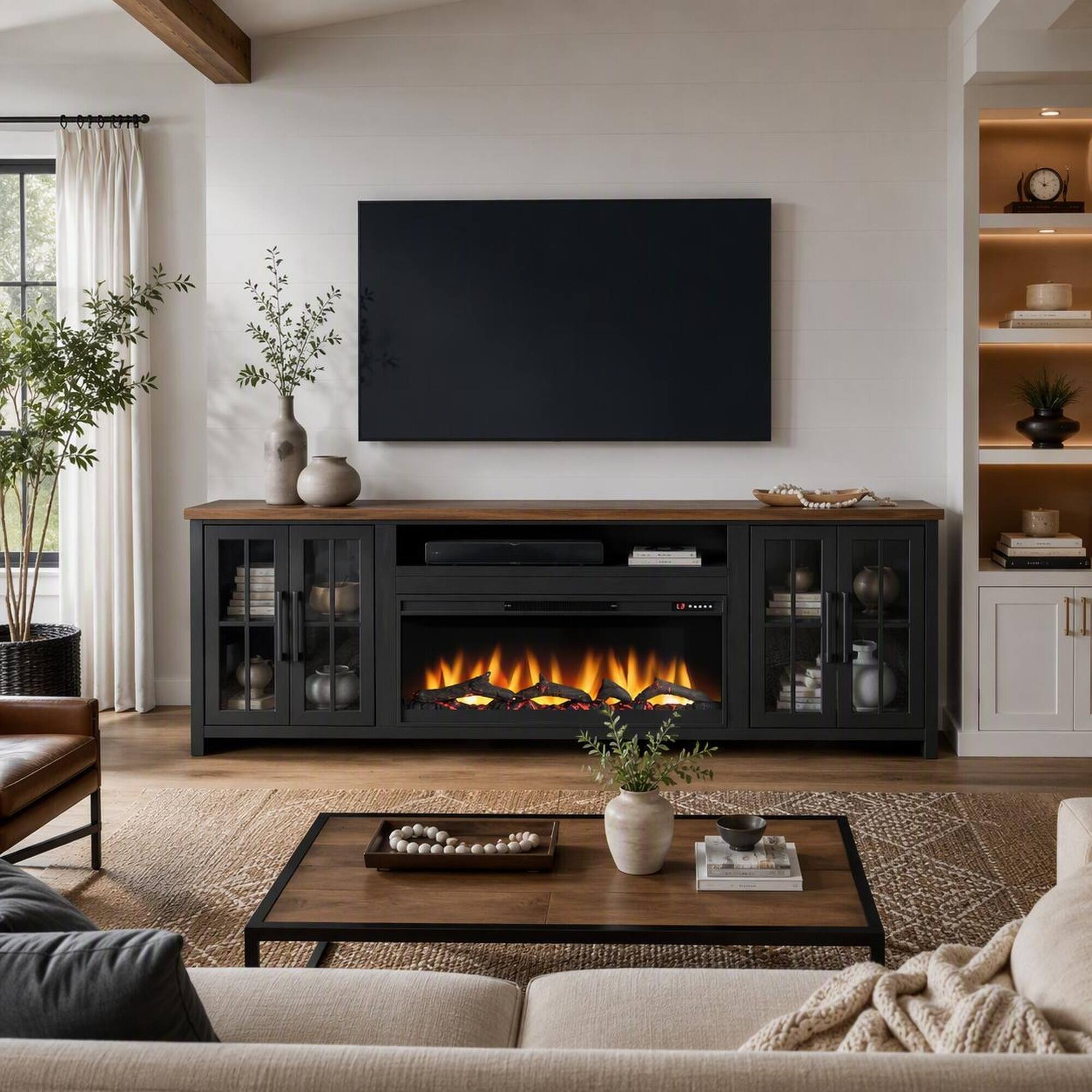 Left. RYHNUYNE - 97 Inch Farmhouse Fireplace TV Stand, Fits Up To 100 Inch TVs For Spacious Living Room Media Storage Decor - Black.