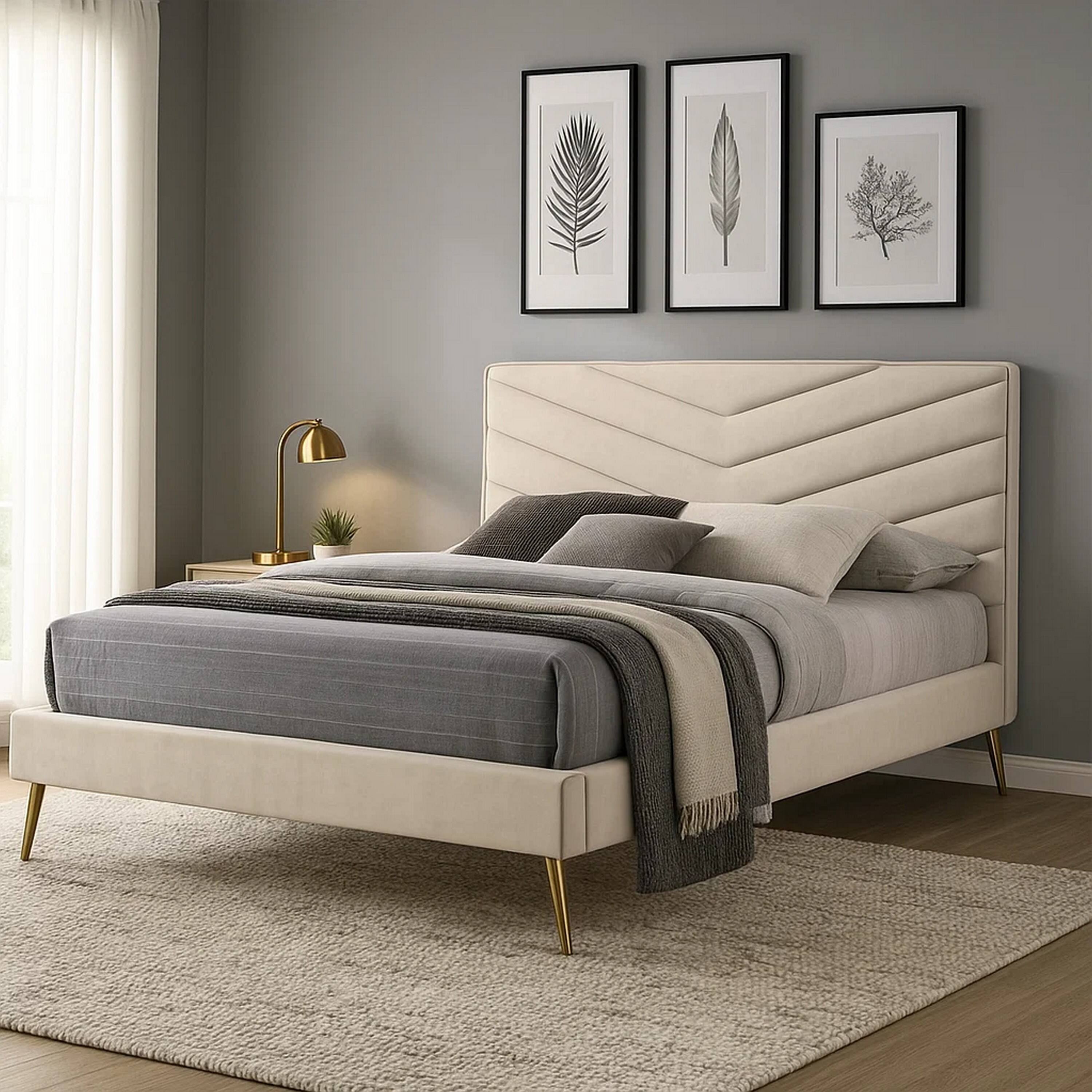 Alt View 6. Manhattan Lane - Vevy Queen Size Bed, Chevron Tufted Beige Flannelette Upholstery - Beige, Gold.