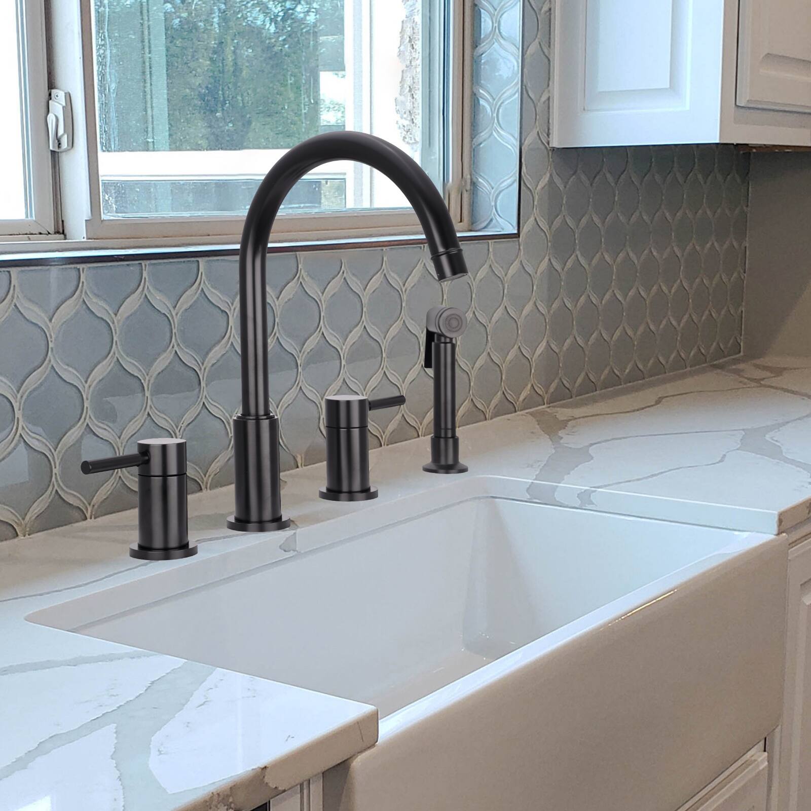 Alt View 6. Akicon - Akicon Solid Brass Double-Handle 360° Swivel Widespread Kitchen Faucet with Side Sprayer in Matte Black - Matte Black.