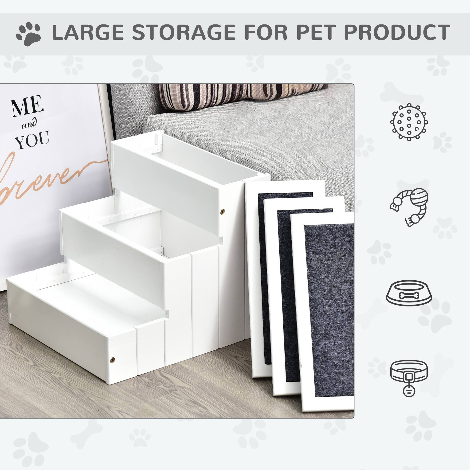 Back. Pawhut - 3 Step Wooden Carpeted Non Slip Pet Stairs Ramp for Cats and Small Dogs - White.