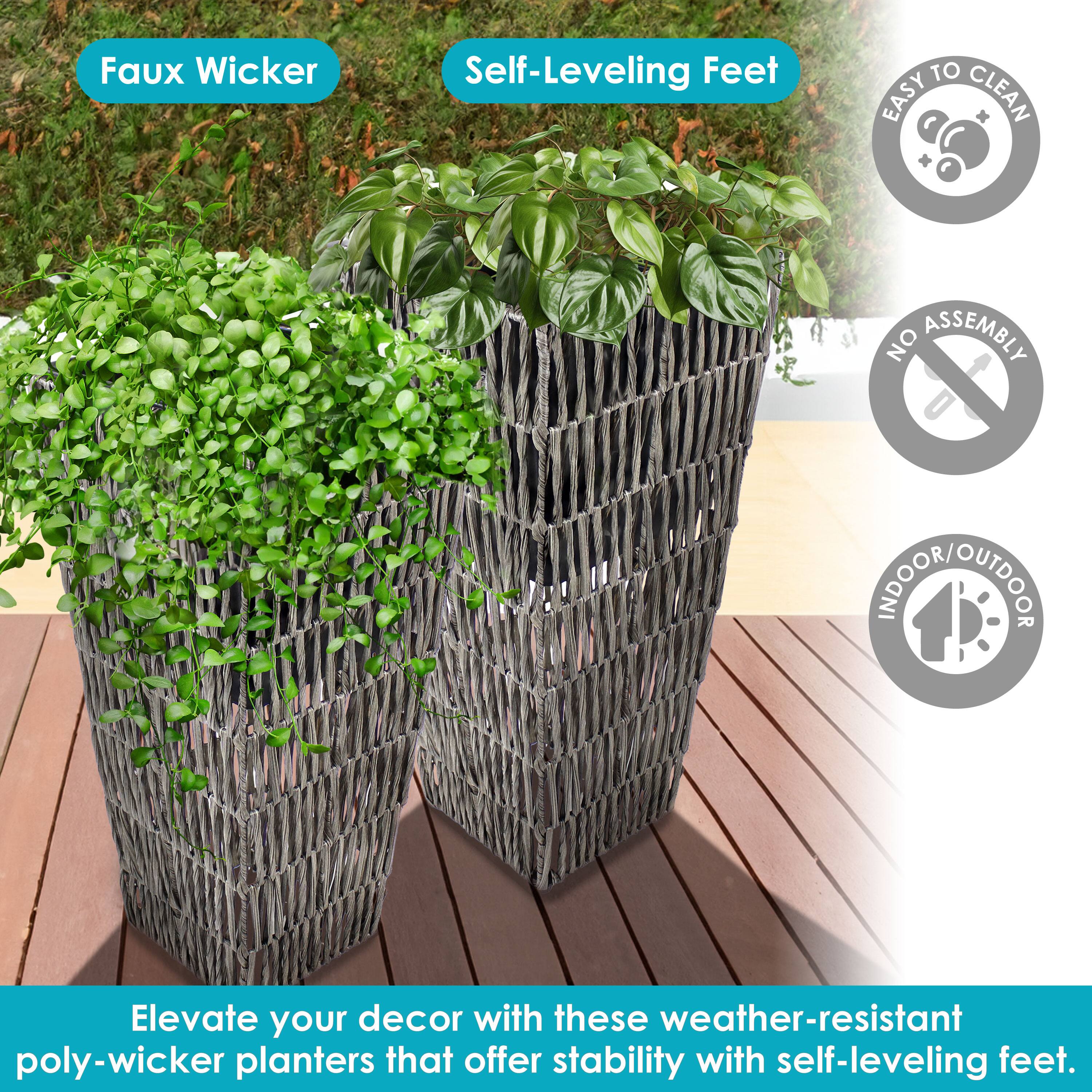 Faux Wicker  
Self-Leveling Feet  

Elevate your decor with these weather-resistant poly-wicker planters that offer stability with self-leveling feet.  

- Easy to Clean  
- No Assembly  
- Indoor/Outdoor
