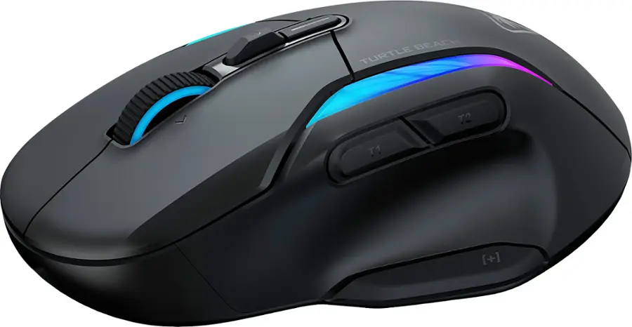 The text on the image reads "BEACH TURTLE T2 T1 [ [+] + ]." However, this text does not seem to be related to the content of the image, which features a black computer mouse. It is possible that the text is a watermark or a random string of characters placed on the image.