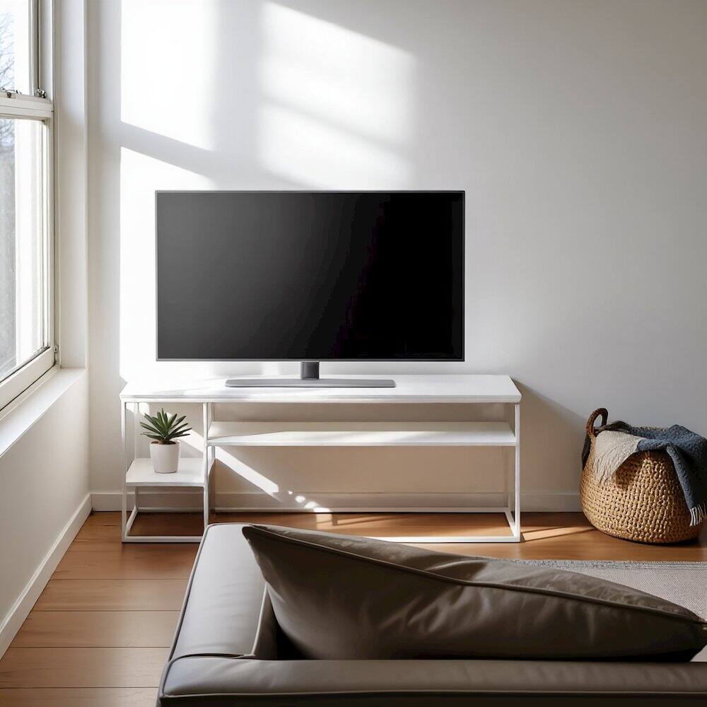 Alt View 4. FurniFact - White 65 Inch Entertainment Center with Metal Frame and Open Shelf TV Console - White.