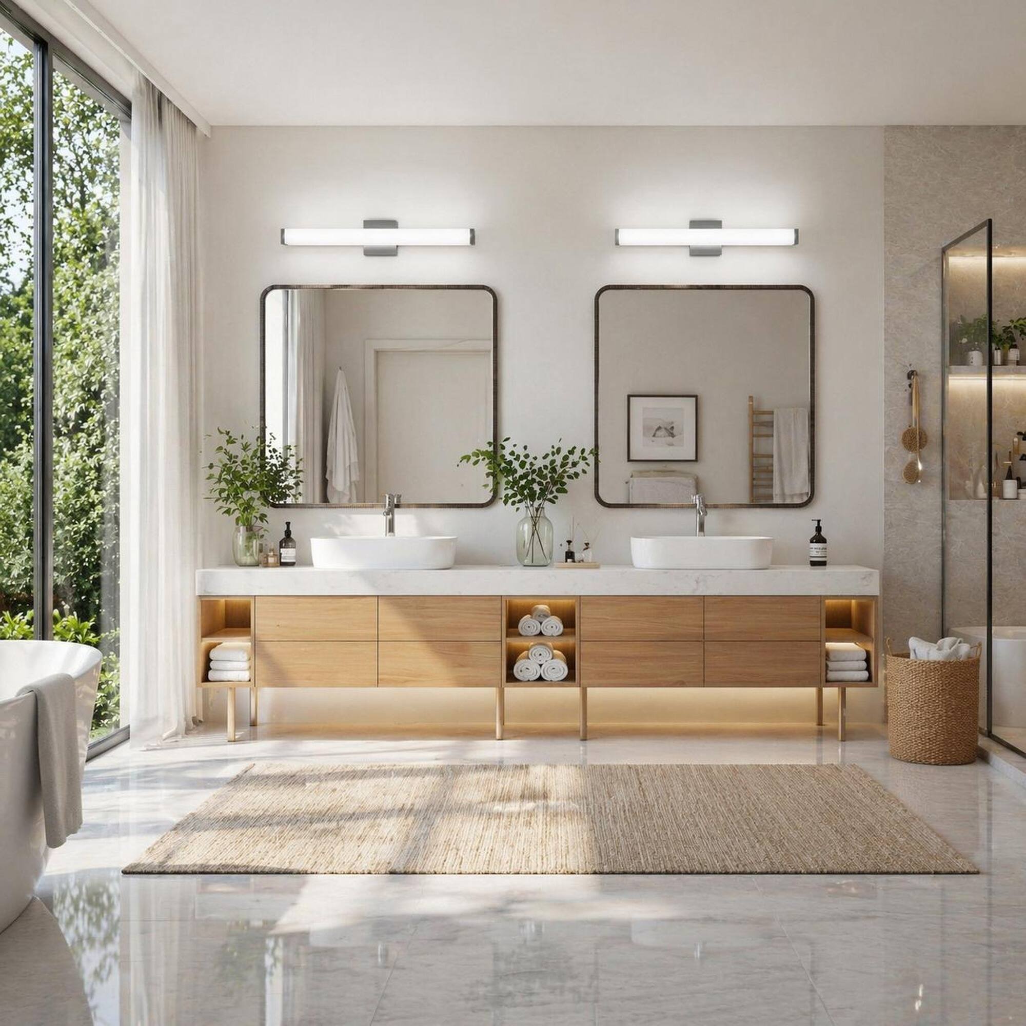 Back. RYHNUYNE - Modern Brushed Nickel LED Bathroom Vanity Light Bar, 25-Inch, 14W Cool White 6000K, Wall-Mounted Fixture for Mirror.