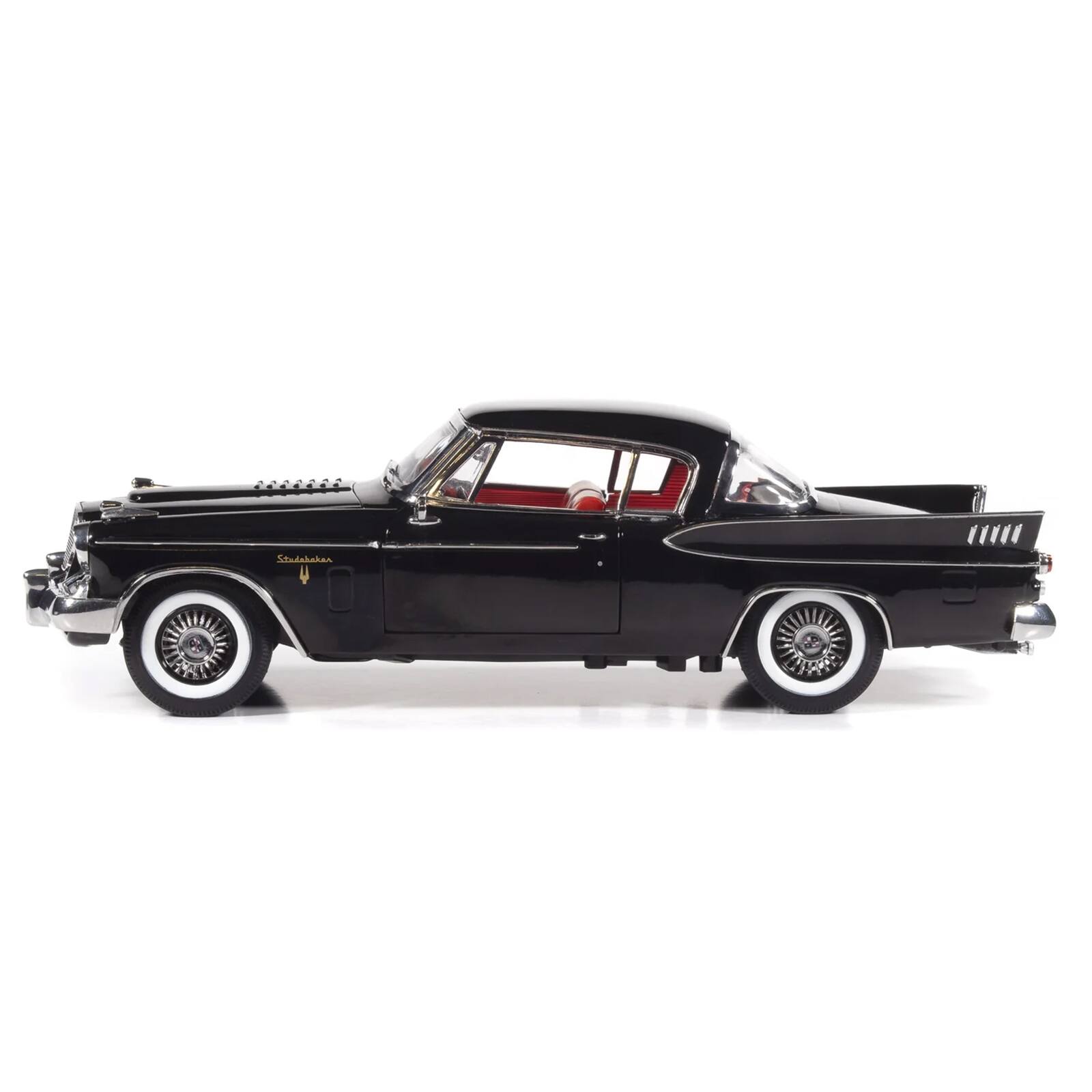 Alt View 4. Autoworld - 1957 Studebaker Golden Hawk Midnight Black with Red Interior 1/18 Diecast Model by Auto World.