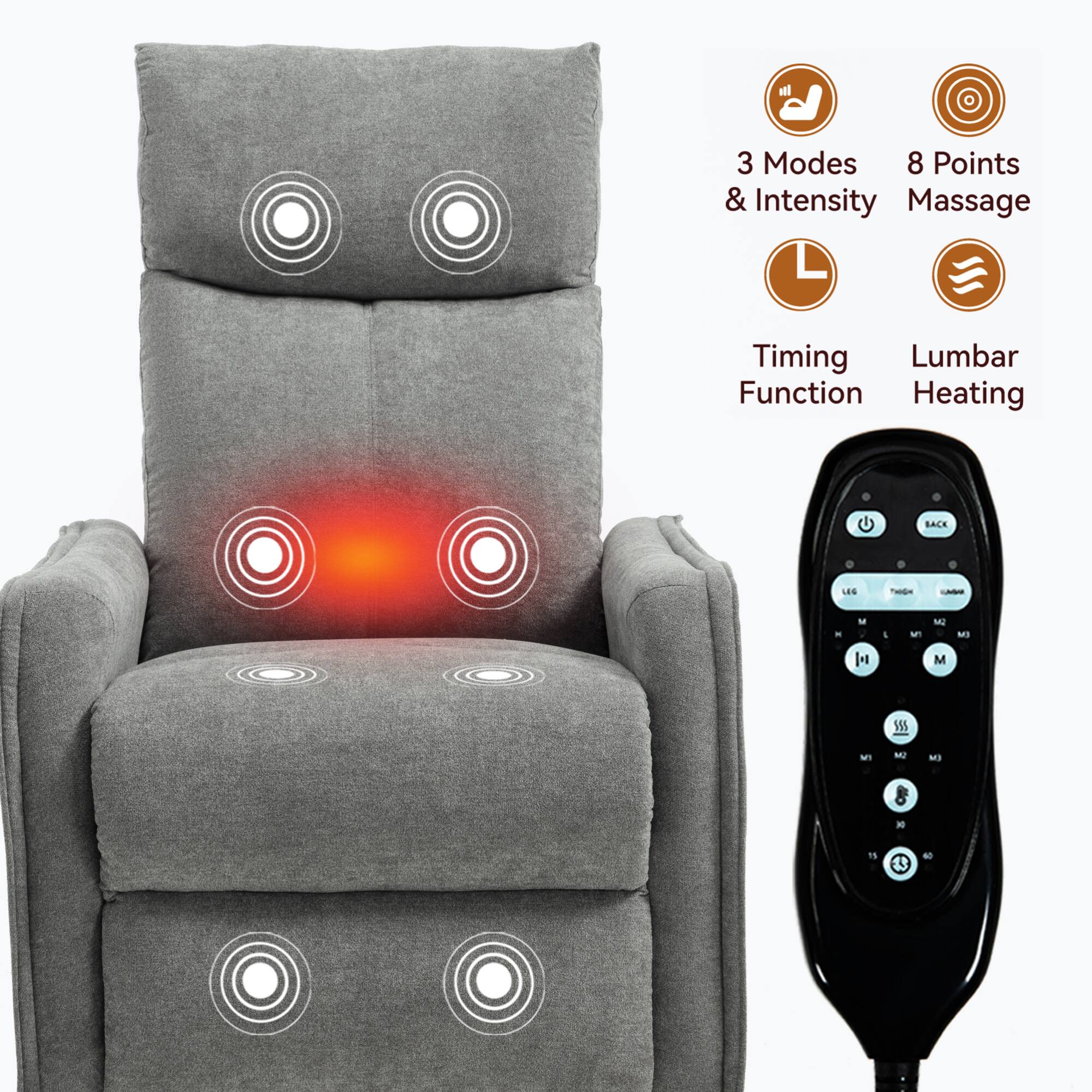 3 Modes & Intensity  
8 Points Massage  
Timing Function  
Lumbar Heating
