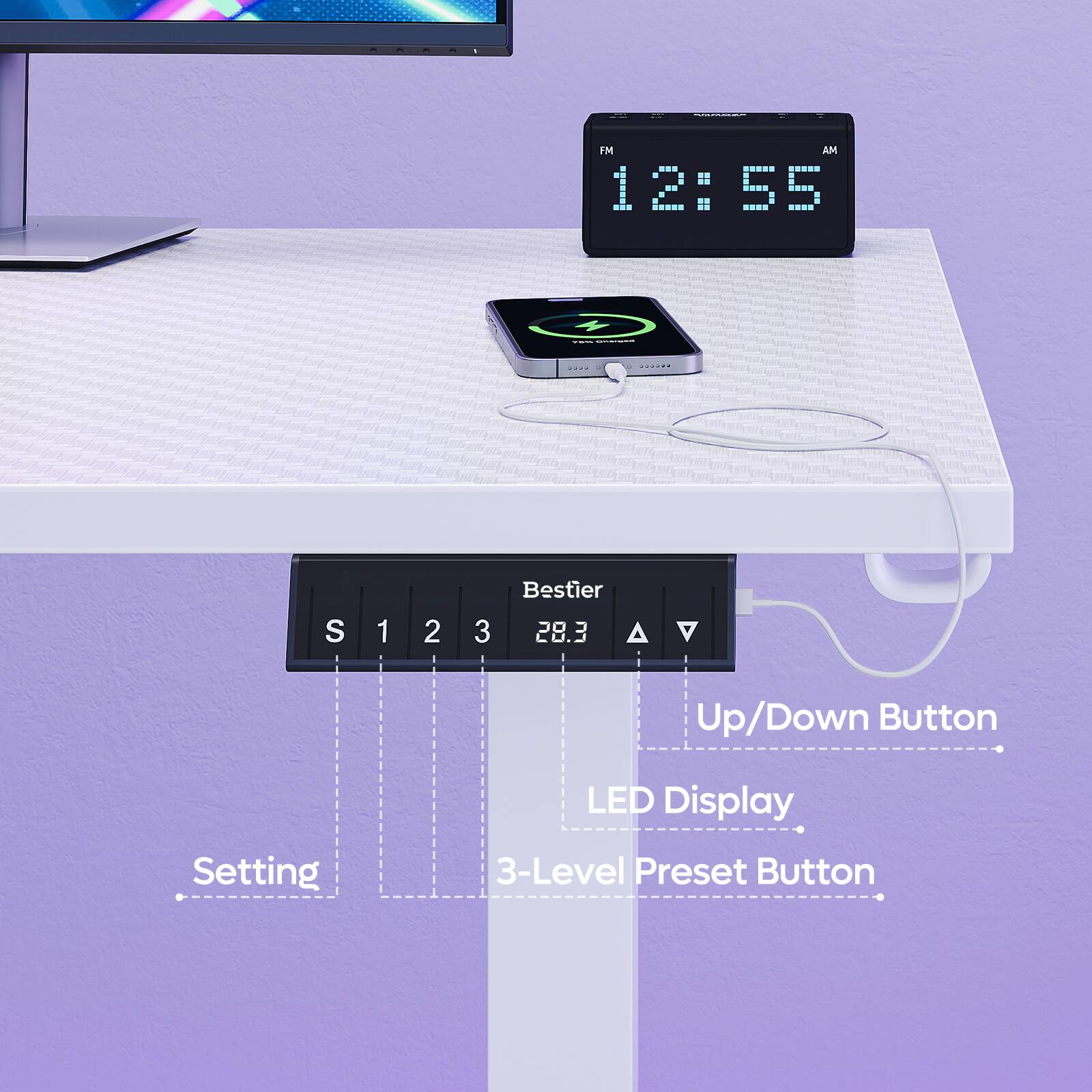 FM AM 12:55 A

Bestier 28.3

Up/Down Button

Setting

LED Display

3-Level Preset Button