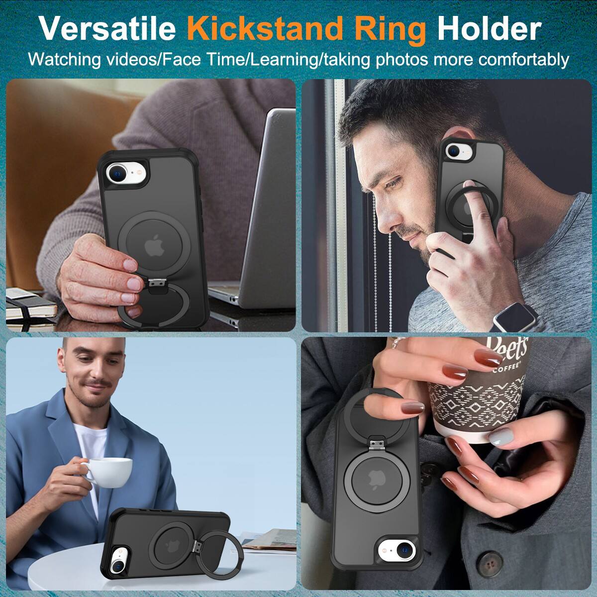 Versatile Kickstand Ring Holder  
Watching videos/Face Time/Learning/taking photos more comfortably