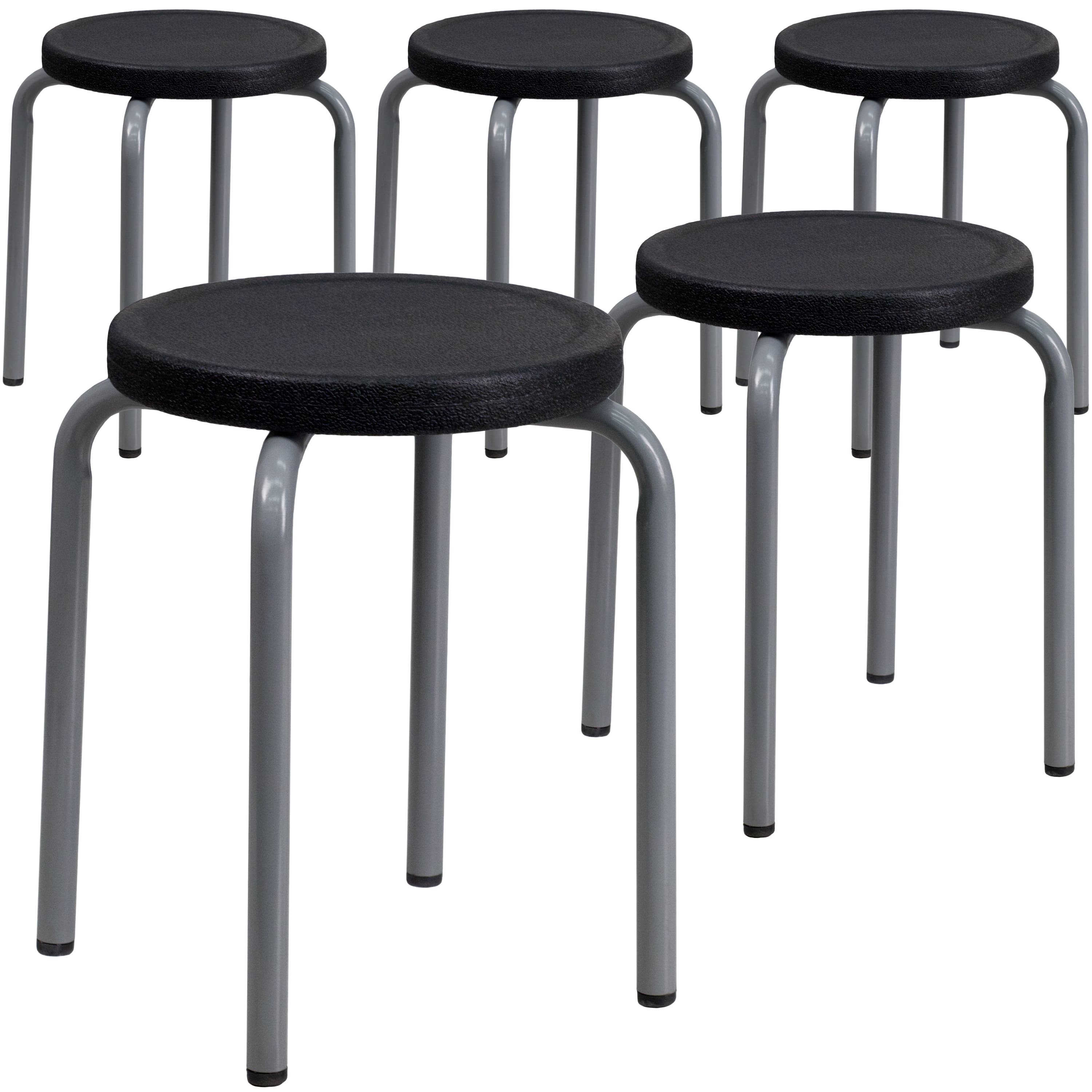 Emma + Oliver - 5 Pack Stackable Stool with Silver Powder Coated Frame - Black