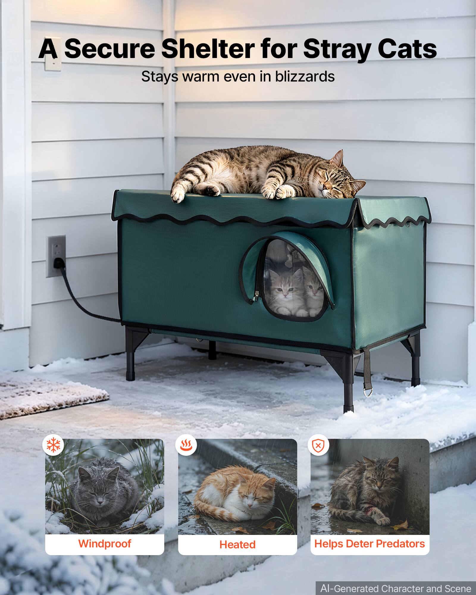 A Secure Shelter for Stray Cats  
Stays warm even in blizzards  

Windproof  
Heated  
Helps Deter Predators  

AI-Generated Character and Scene