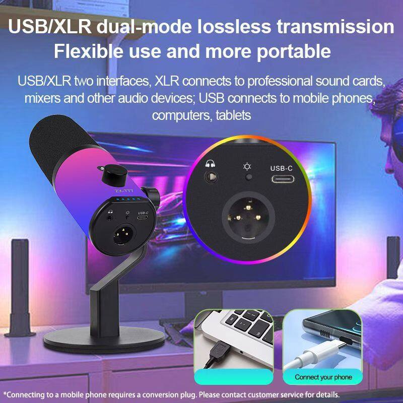 USB/XLR dual-mode lossless transmission  
Flexible use and more portable  

USB/XLR two interfaces, XLR connects to professional sound cards, mixers and other audio devices; USB connects to mobile phones, computers, tablets  

*Connecting to a mobile phone requires a conversion plug. Please contact customer service for details.