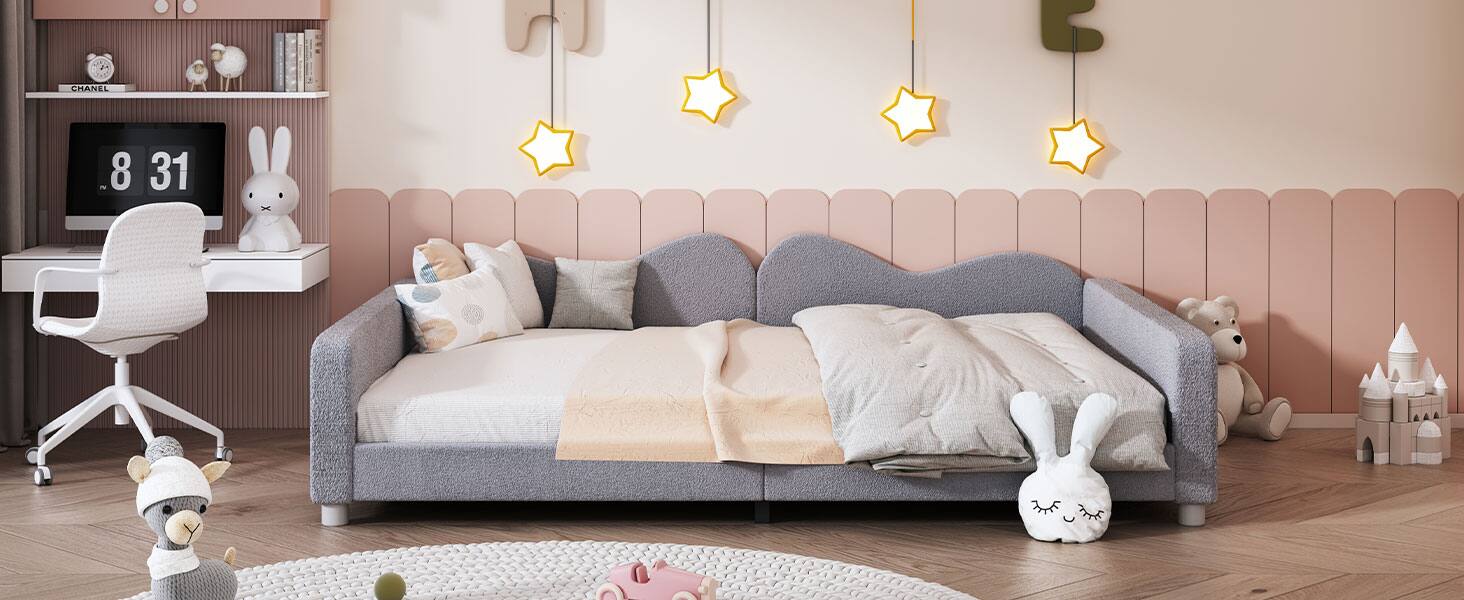 Alt View 7. Tiramisubest - Full size Upholstered Daybed, Sherpa Fabric Sofabed with Cloud-Shaped Backrest, No Box-spring Needed, Gray - Gray.