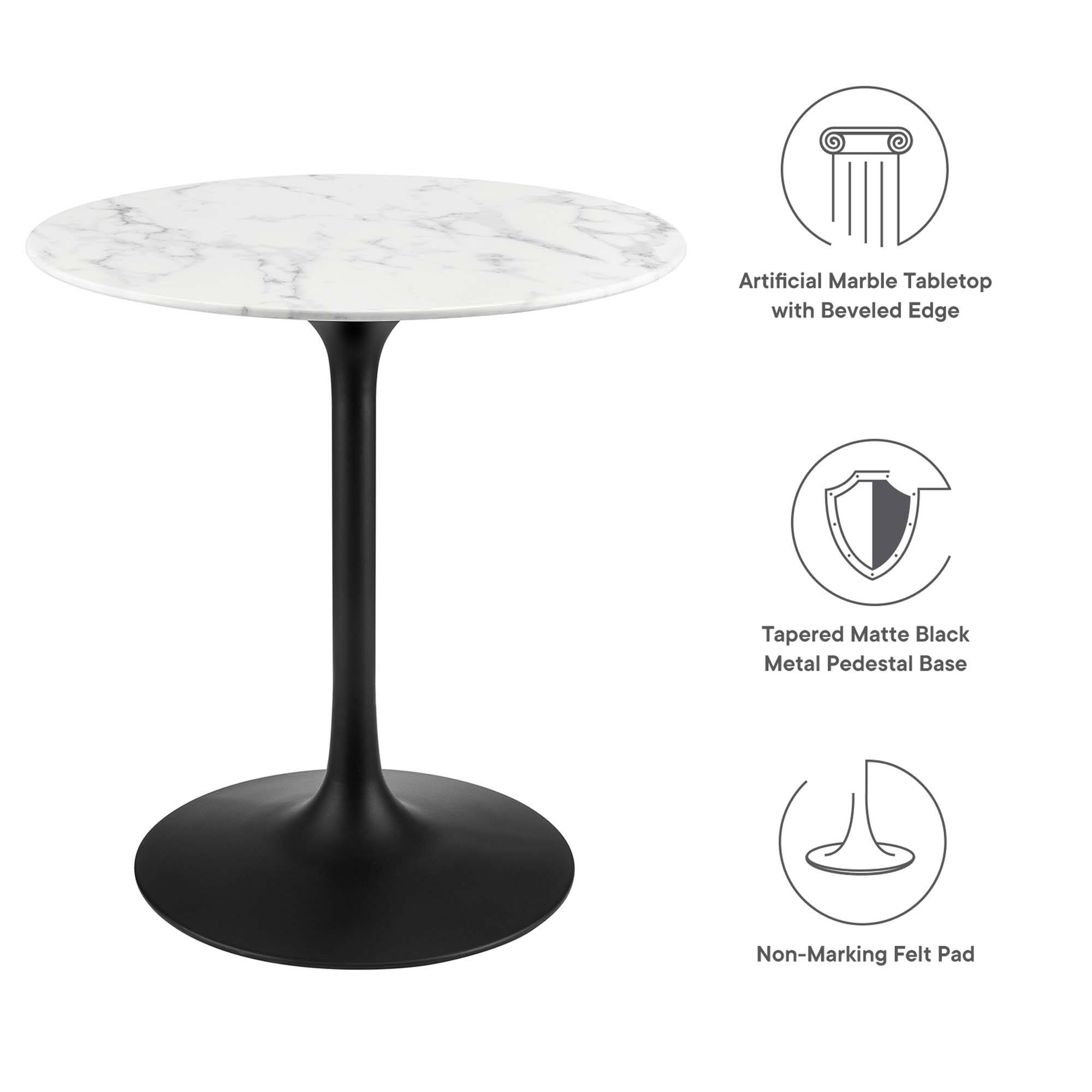 Artificial Marble Tabletop with Beveled Edge  
Tapered Matte Black Metal Pedestal Base  
Non-Marking Felt Pad