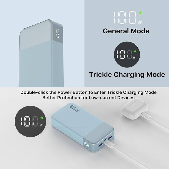 % General Mode
%
Trickle Charging Mode
Double-click the Power Button to Enter Trickle Charging Mode Better Protection for Low-current Devices 65w
%
HBTC