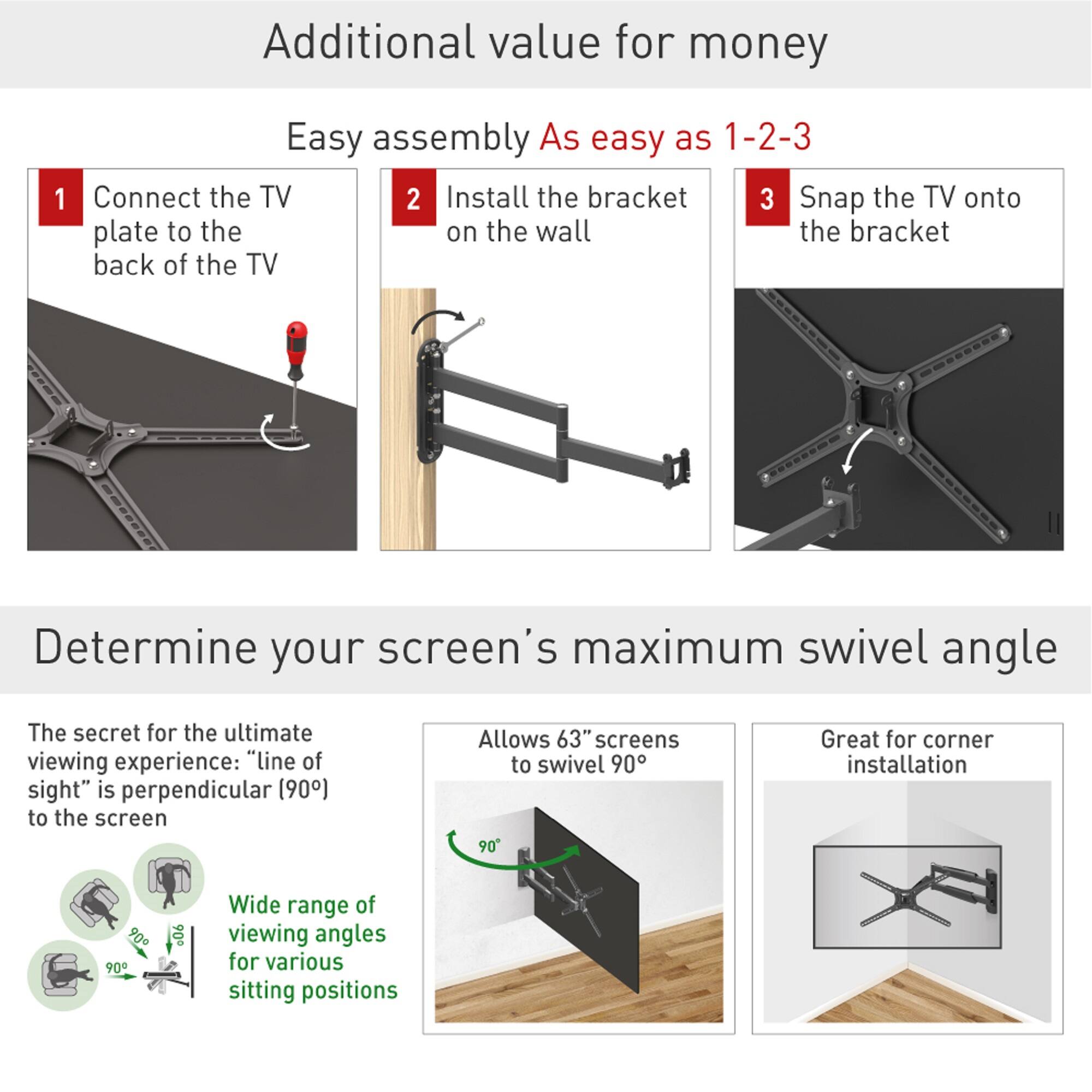 Additional value for money

Easy assembly  
As easy as 1-2-3

1. Connect the TV plate to the back of the TV
2. Install the bracket on the wall
3. Snap the TV onto the bracket

Determine your screen's maximum swivel angle

The secret for the ultimate viewing experience: "line of sight" is perpendicular (90°) to the screen

- Allows 63" screens to swivel 90°
- Great for corner installation
- Wide range of viewing angles for various sitting positions