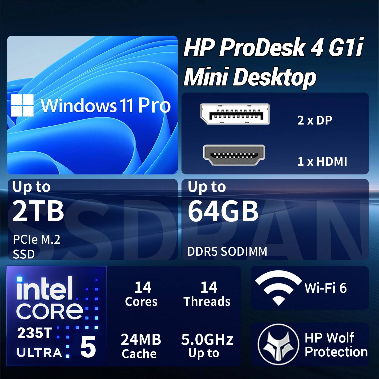 HP ProDesk 4 G1i Mini Desktop  
Windows 11 Pro  
2 x DP  
1 x HDMI  
Up to 2TB PCIe M.2 SSD  
Up to 64GB DDR5 SODIMM  
Intel Core 235T ULTRA 5  
14 Cores  
14 Threads  
24MB Cache  
Up to 5.0GHz  
Wi-Fi 6  
HP Wolf Protection