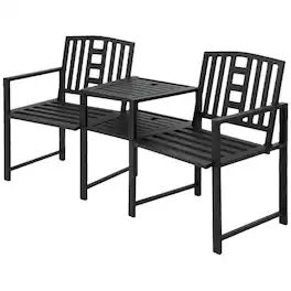 Outsunny - Garden Bench with Middle Table and Umbrella Hole, 2-in-1 Double Patio Chairs, Outdoor 2-person Tete-a-Tete - Black