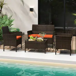 Mondawe - 4-Piece Freestanding Rattan Conversation Set with Cushions and Glass Table - Mix Brown+Orange