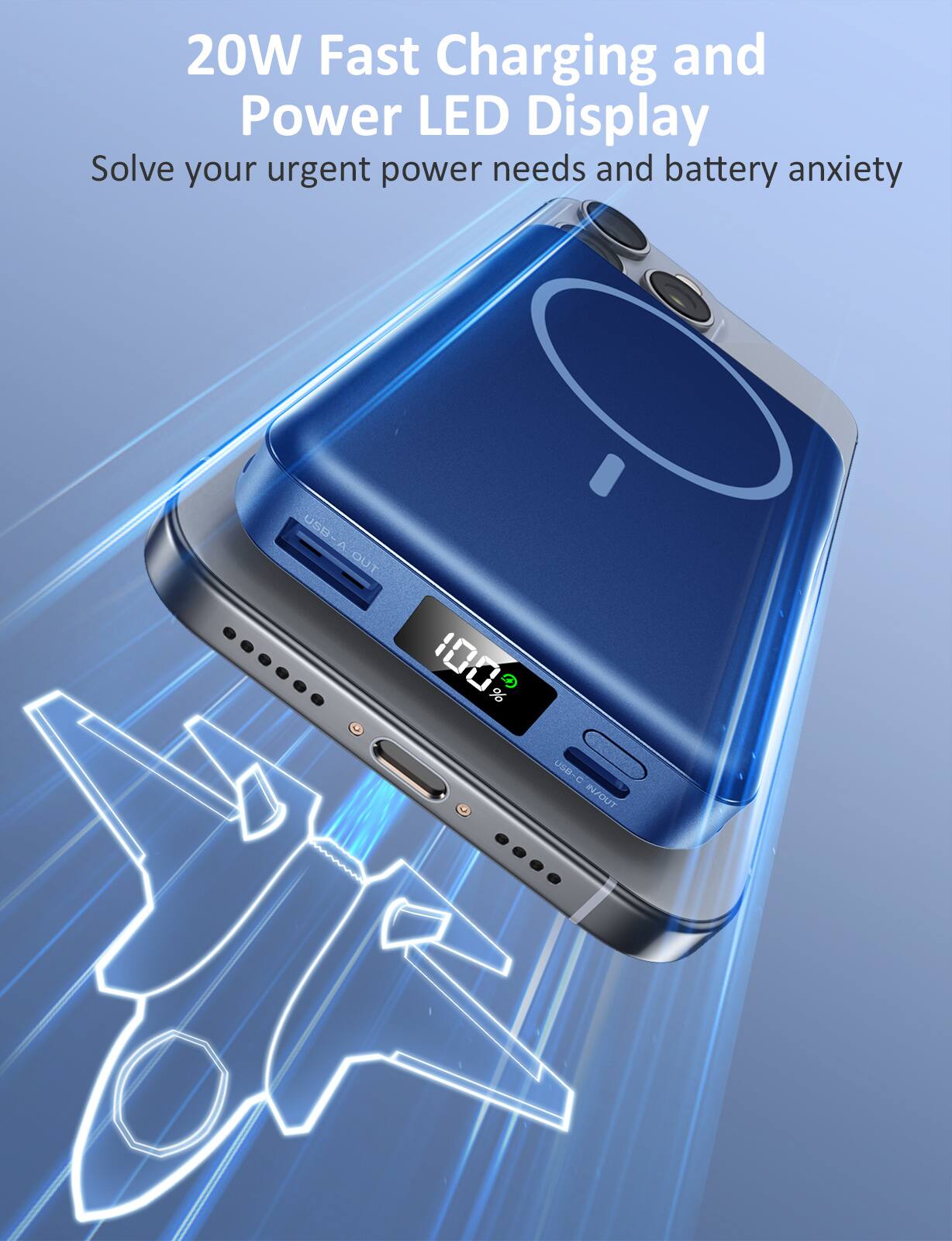 20W Fast Charging and Power LED Display  
Solve your urgent power needs and battery anxiety  

USB A OUT  
100 %  
USB C IN/OUT