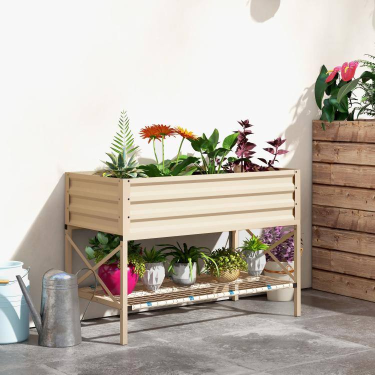 Alt View 1. PULUZ - Galvanized Raised Garden Bed, Metal Planter Box with Legs, Storage Shelf and Bed Liner, Plants NOT Included - Cream White.