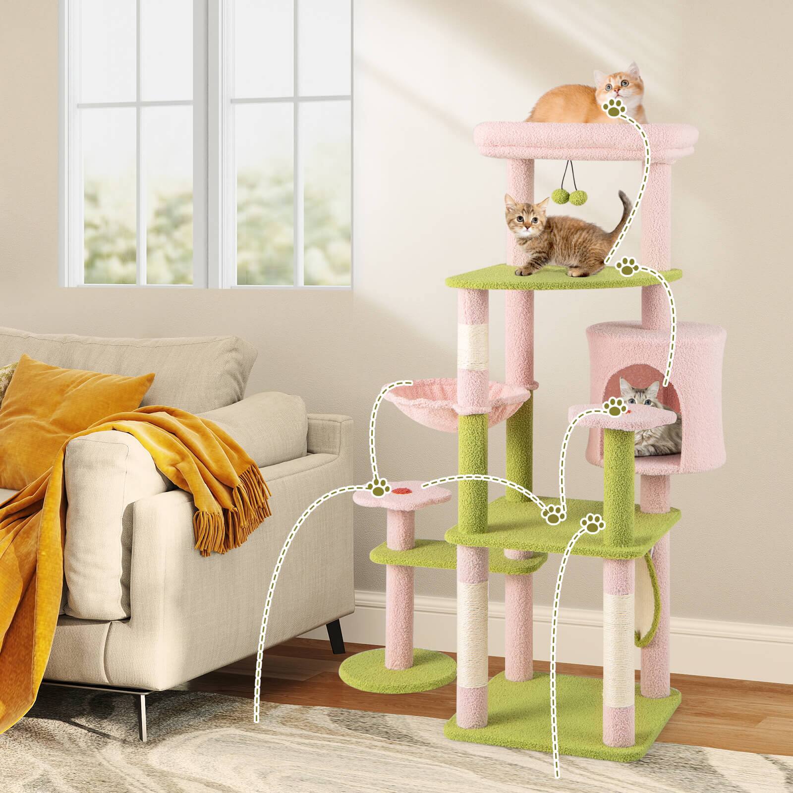 Alt View 3. Costway - Costway 58" Tall Cat Tree Multi-Level Aesthetic Floral Kitten Tower w/ Plush Padded Top Perch - Pink,Green.