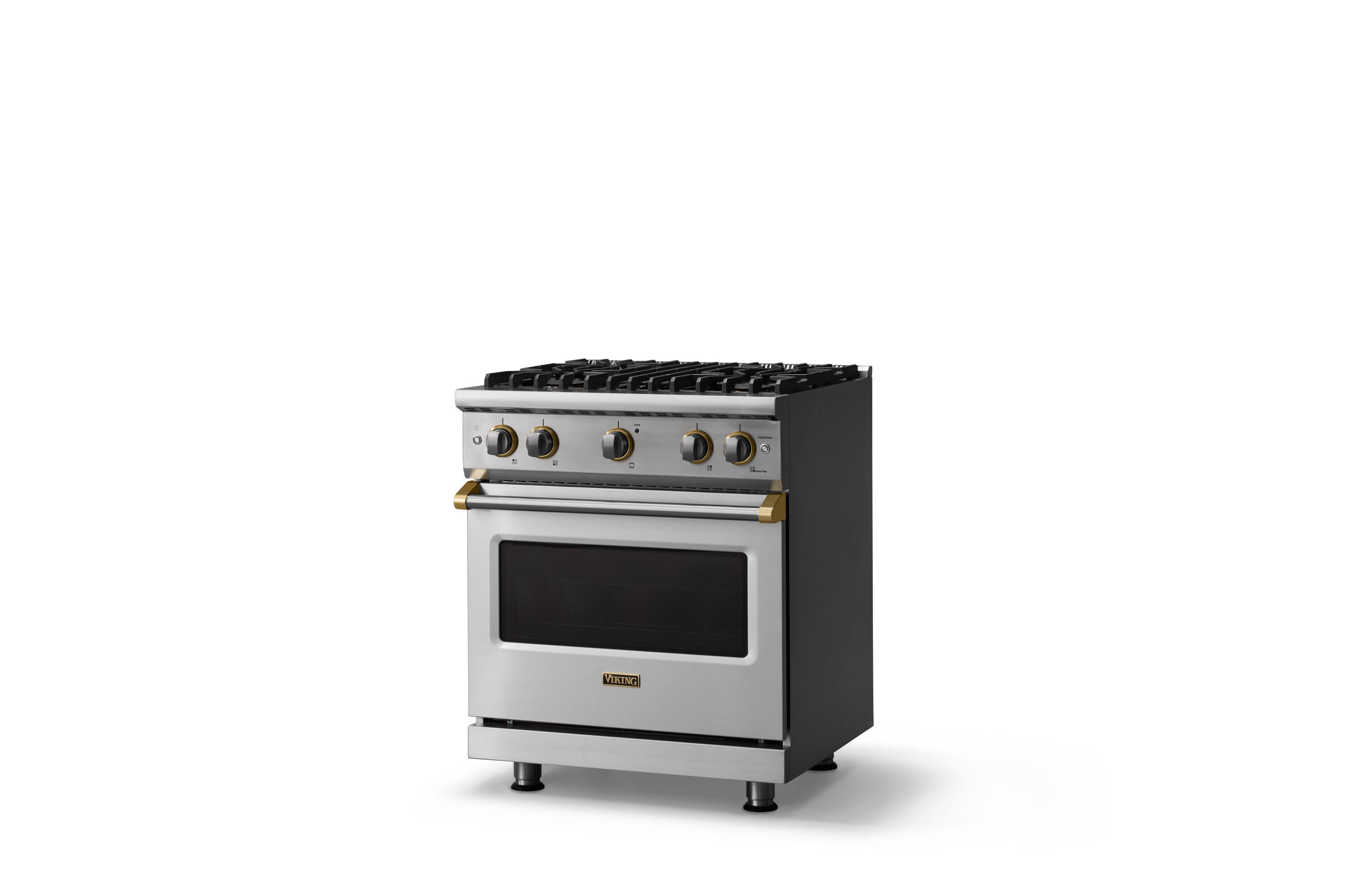 Angle. Viking - 30"W. 4.0 Cu. Ft. Freestanding Manual Clean Sealed 4 Burner Gas Convection Range - Stainless Steel/Brushed Brass - Stainless Steel.