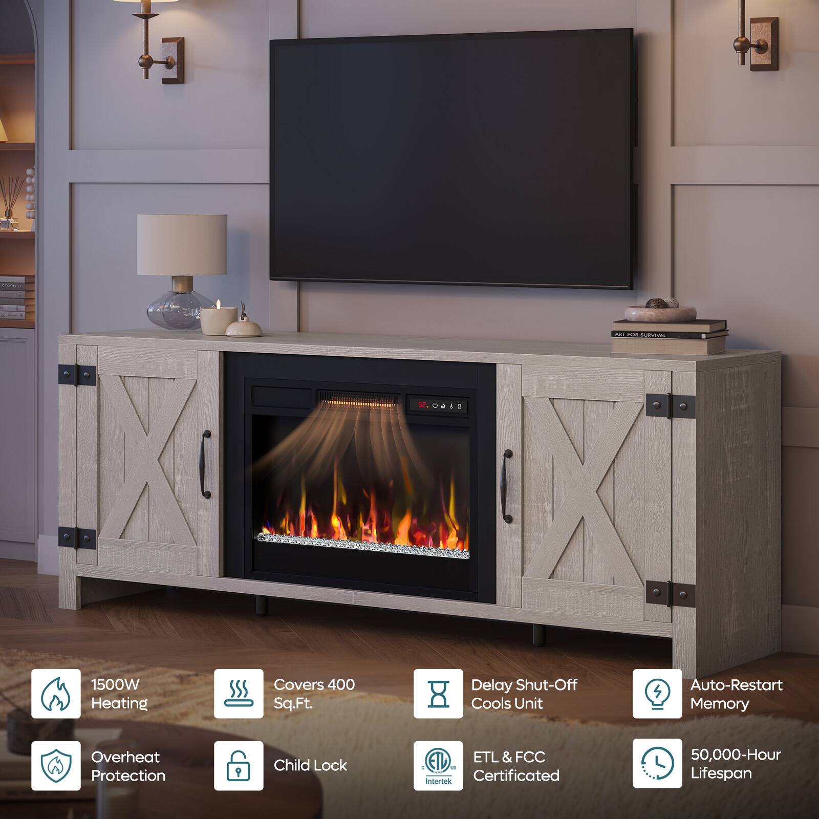 - 1500W Heating Covers 400 Sq.Ft.
- Delay Shut-Off Auto-Restart Cools Unit Memory Overheat Protection
- Child Lock
- ETL & FCC Certificated
- 50,000-Hour Lifespan