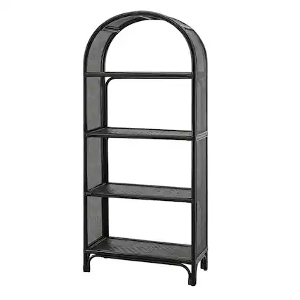 Front. FurniFact - Black Arched Rattan Bookshelf with Slim Shelves and Natural Finish - Black.