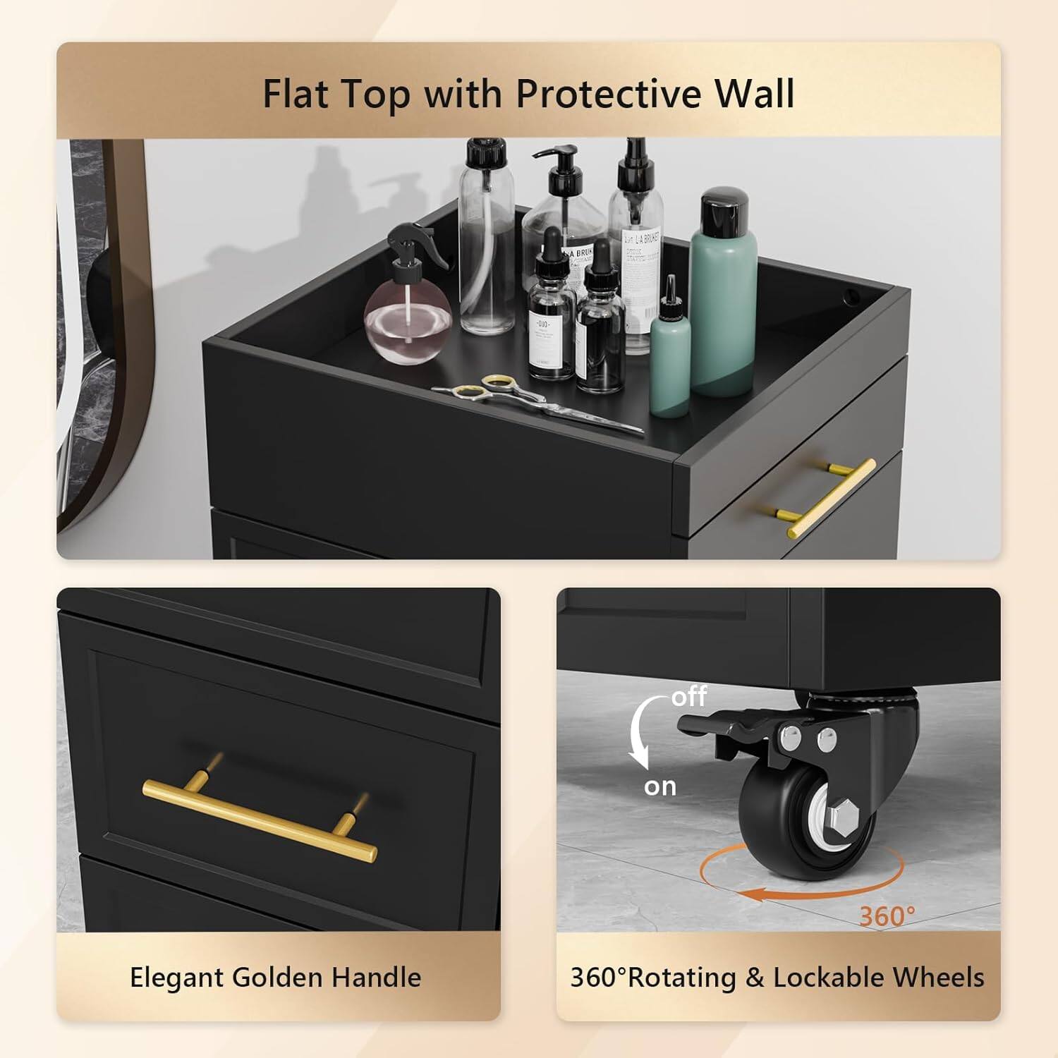 Flat Top with Protective Wall

Elegant Golden Handle

360° Rotating & Lockable Wheels