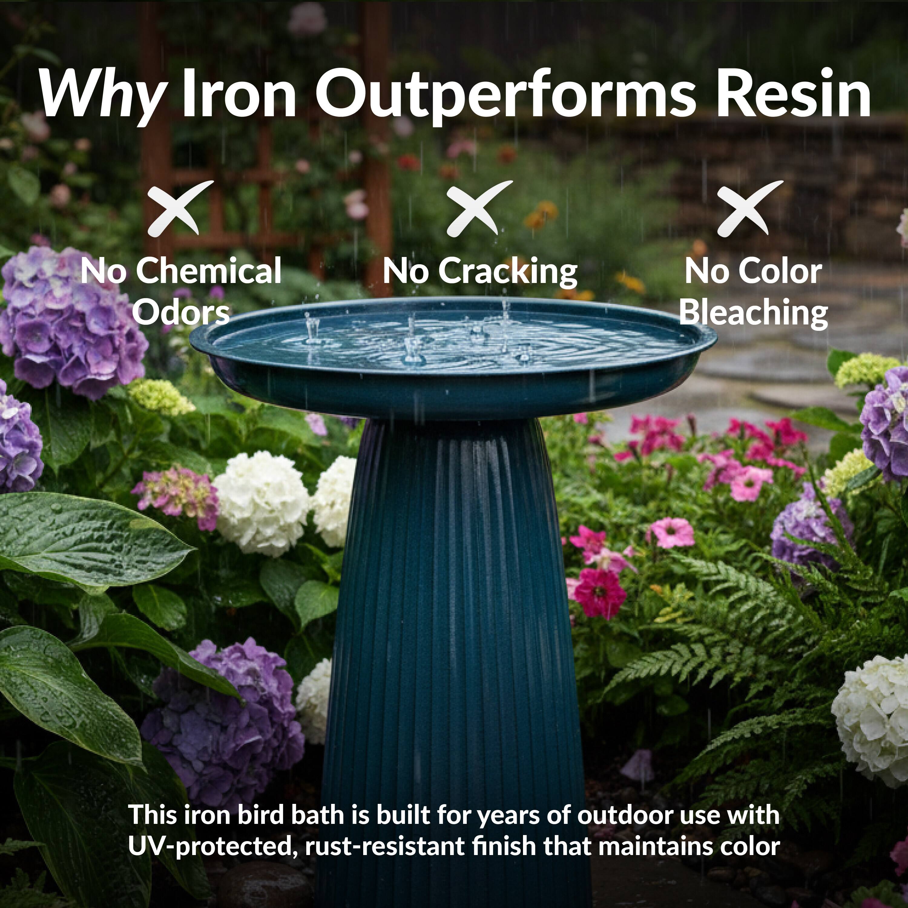 Why Iron Outperforms Resin

- No Chemical Odors
- No Cracking
- No Color Bleaching

This iron bird bath is built for years of outdoor use with UV-protected, rust-resistant finish that maintains color