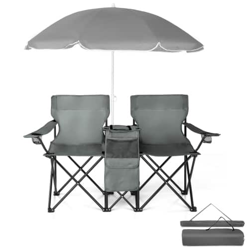 Winado - Folding Beach Chairs with Umbrella, 2-Camping Chairs with Canopy, Cooler Fold-Up Table, Carrying Bag for Adults Outdoor - Gray