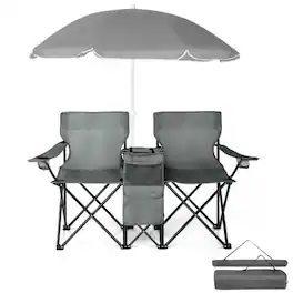 Winado - Folding Beach Chairs with Umbrella, 2-Camping Chairs with Canopy, Cooler Fold-Up Table, Carrying Bag for Adults Outdoor - Gray