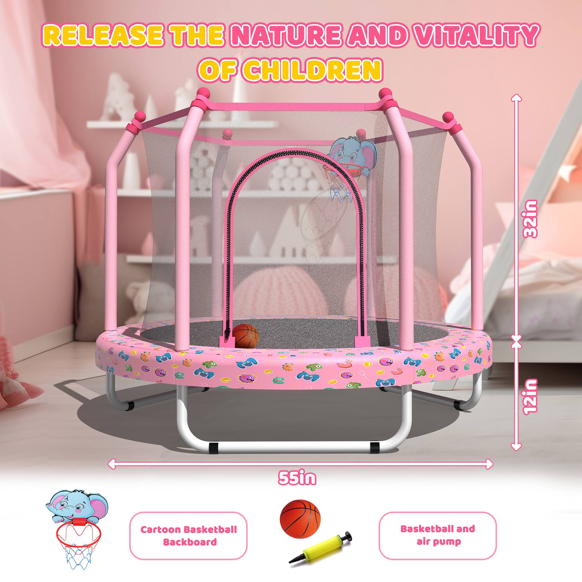 RELEASE THE NATURE AND VITALITY OF CHILDREN

32in x 12in x 55in

Cartoon Basketball Backboard

Basketball and air pump