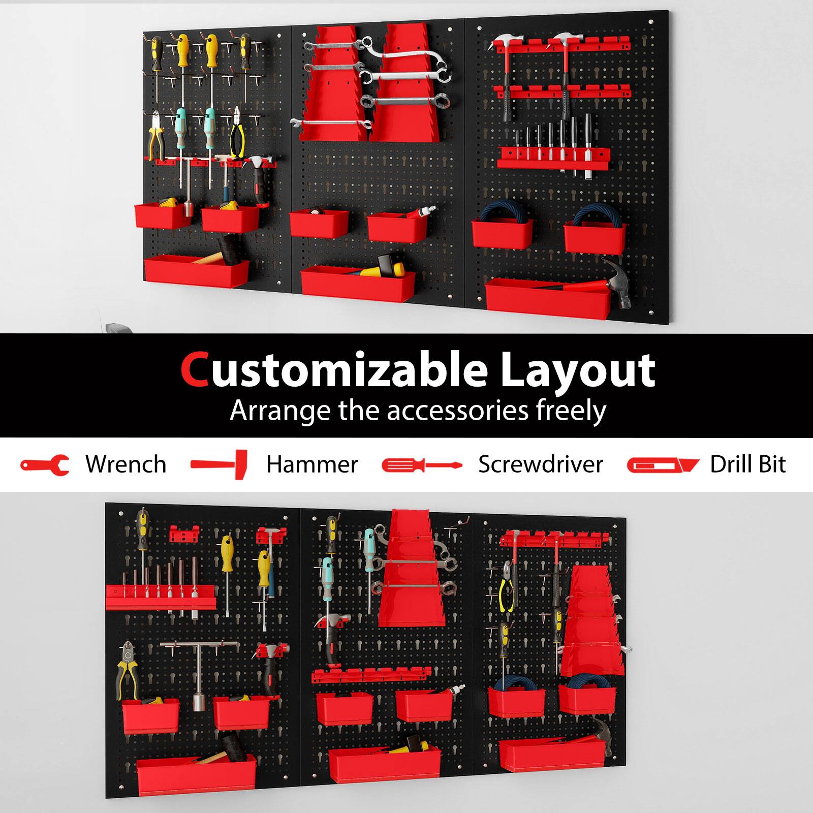 Customizable Layout  
Arrange the accessories freely  

- Wrench  
- Hammer  
- Screwdriver  
- Drill Bit