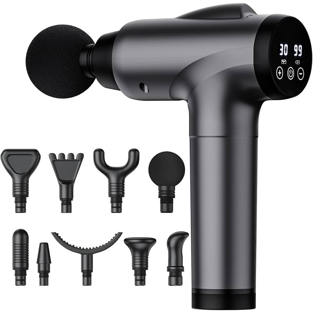 Schertz - Deep-Tissue Massage Gun, Handheld Electric Percussion with 9 Heads & 30 Speeds, Grey
