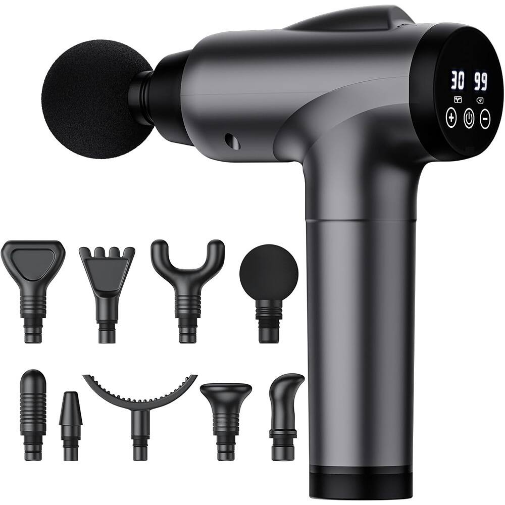 Front. Schertz - Deep-Tissue Massage Gun, Handheld Electric Percussion with 9 Heads & 30 Speeds, Grey.