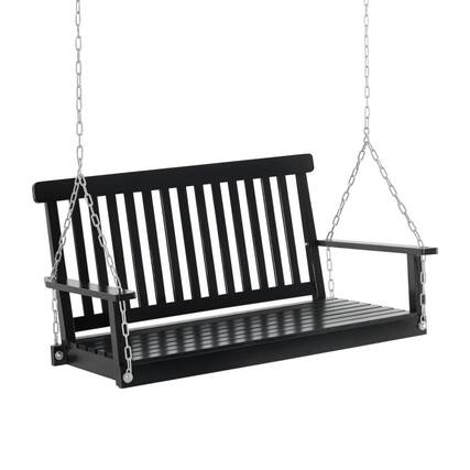 Front. PULUZ - 2-Seater Hanging Porch Swing Outdoor Patio Swing Chair Seat with Slatted Build and Chains, 440lbs Weight Capacity - Black.