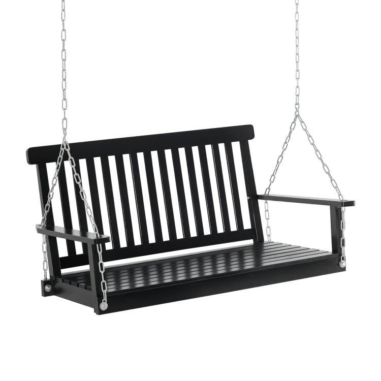 Front. PULUZ - 2-Seater Hanging Porch Swing Outdoor Patio Swing Chair Seat with Slatted Build and Chains, 440lbs Weight Capacity - Black.