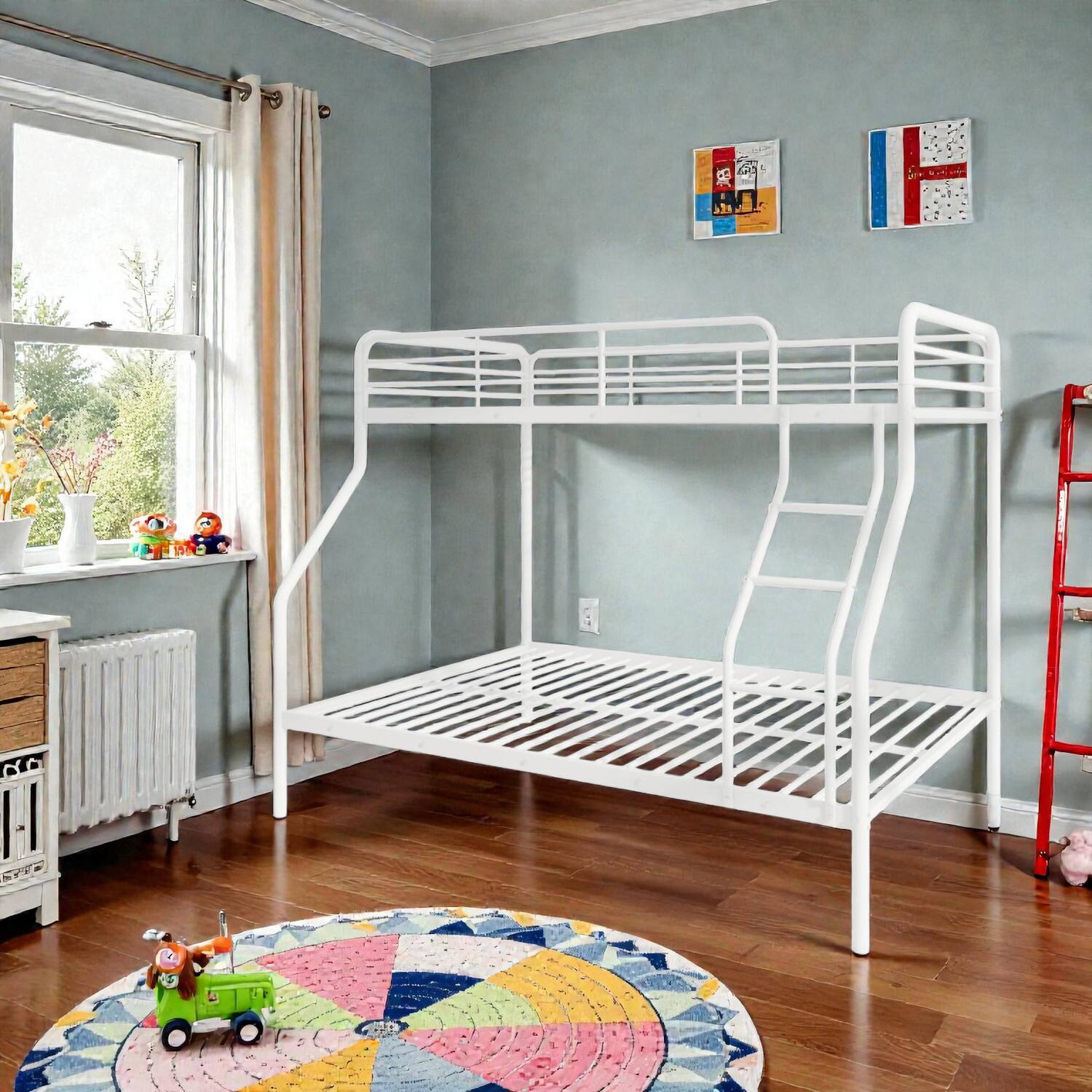 Front. Hivvago - Twin Over Full Bunk Bed with Ladder Access and Safety Railings - White.