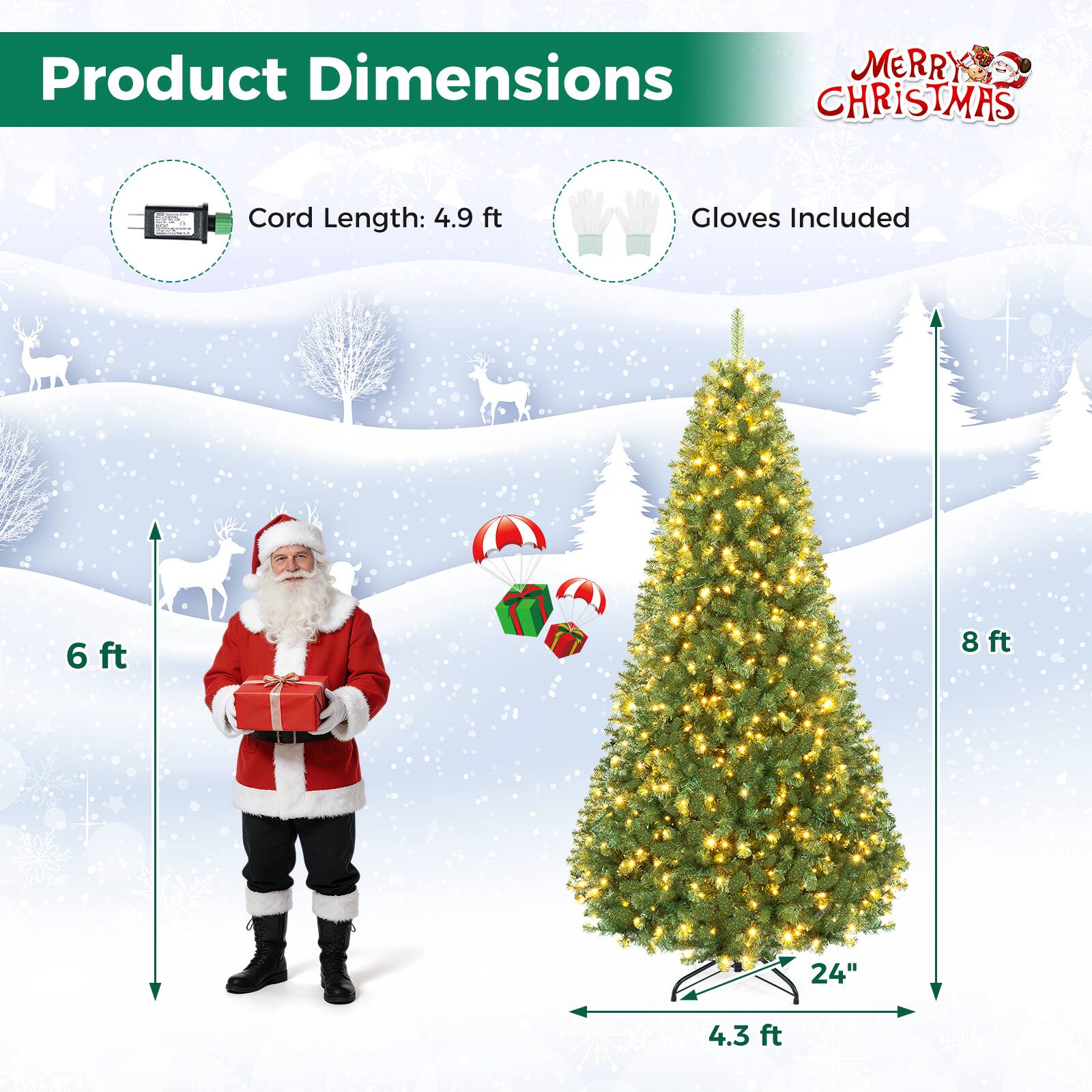 Product Dimensions  
MERRY CHRISTMAS

Cord Length: 4.9 ft  
Gloves Included

6 ft  
8 ft  
24"  
4.3 ft