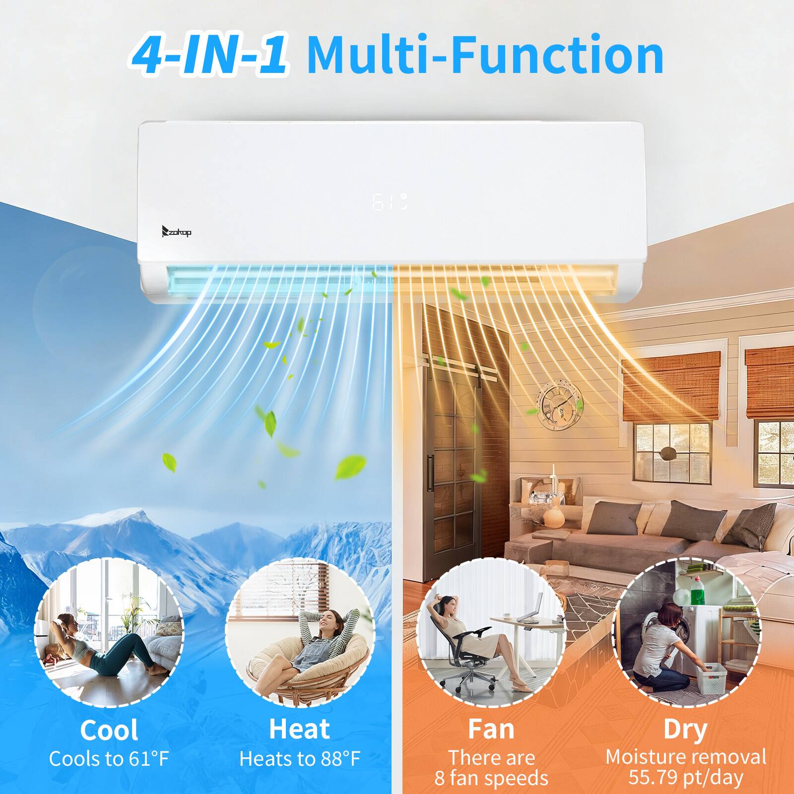 4-IN-1 Multi-Function

Cool  
Cools to 61°F

Heat  
Heats to 88°F

Fan  
There are 8 fan speeds

Dry  
Moisture removal 55.79 pt/day
