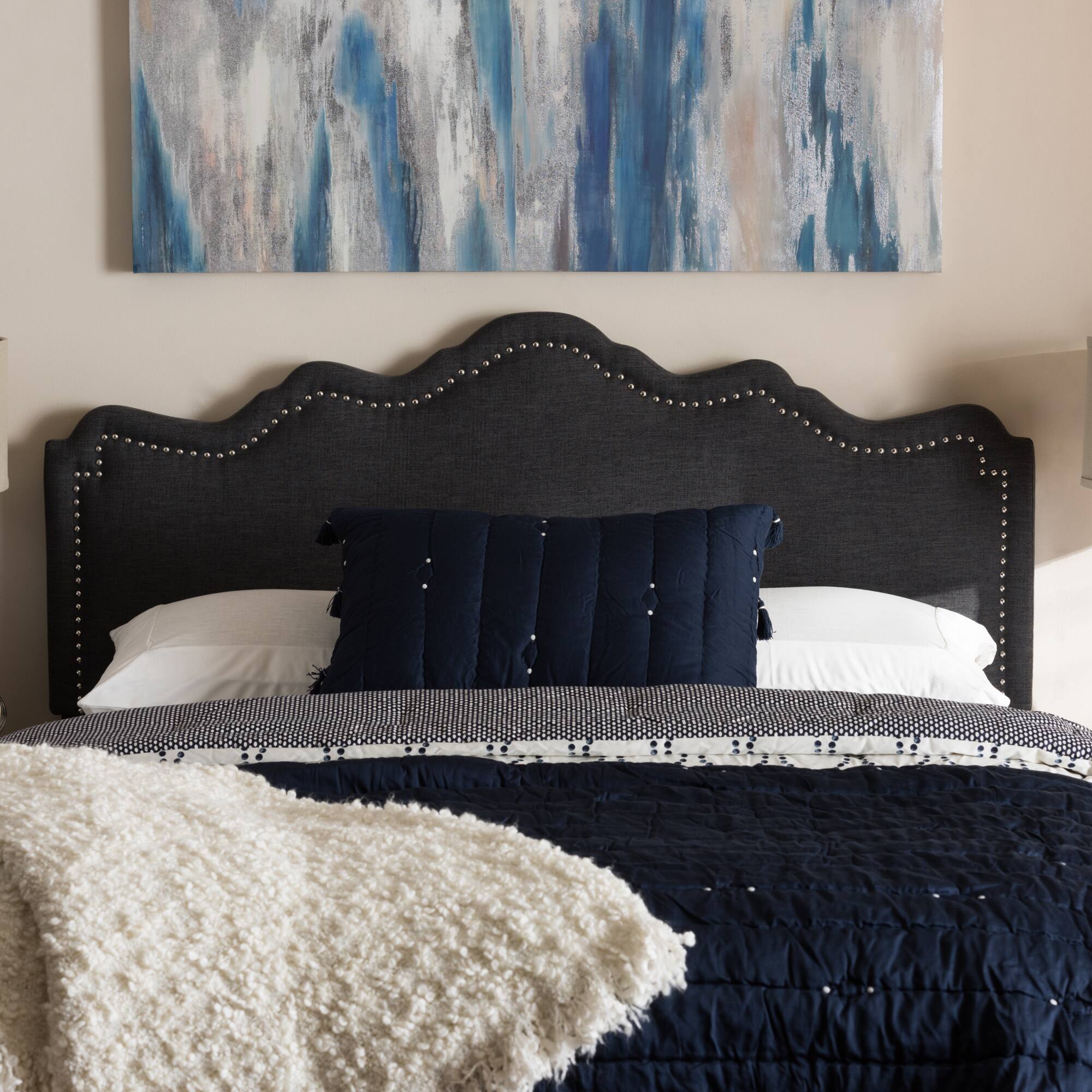 Back. Baxton Studio - Nadeen Modern and Contemporary Fabric Queen Size Headboard - Dark Grey.