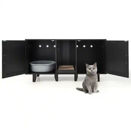 Front. Pefilos - 2-Door Cat Litter Box Enclosure with Winding Entry and Scratching Board-Black, Cat Litter Box Enclosure , Hidden Cat Was - Black.