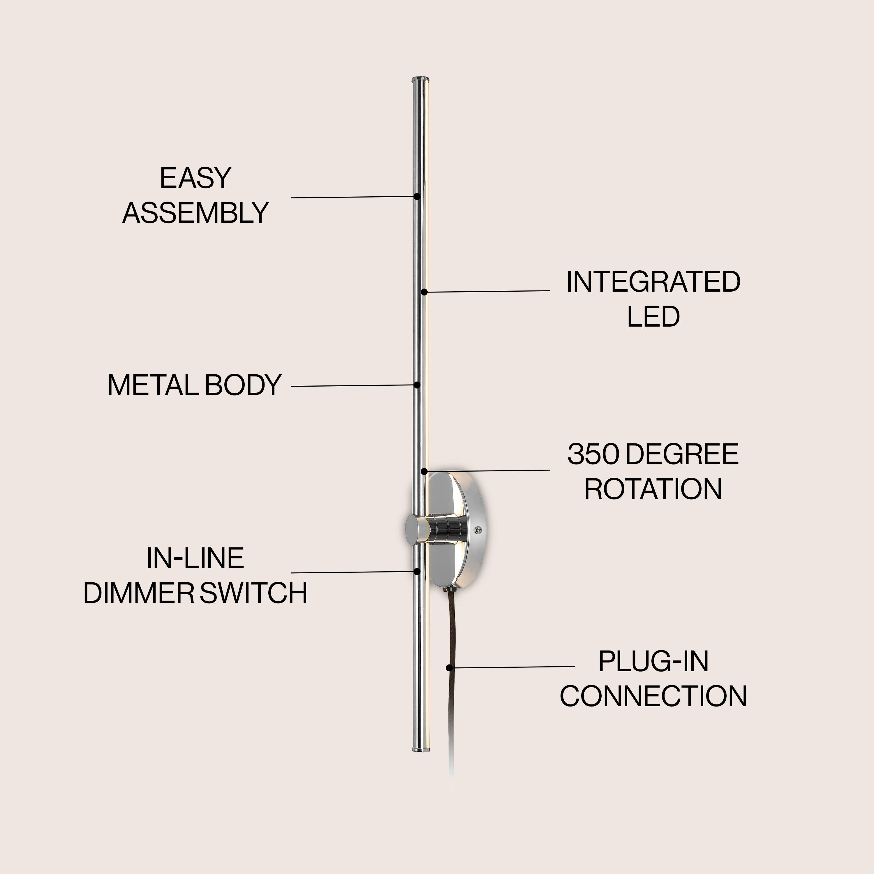 EASY ASSEMBLY  
INTEGRATED LED  
METAL BODY  
350 DEGREE ROTATION  
IN-LINE DIMMER SWITCH  
PLUG-IN CONNECTION