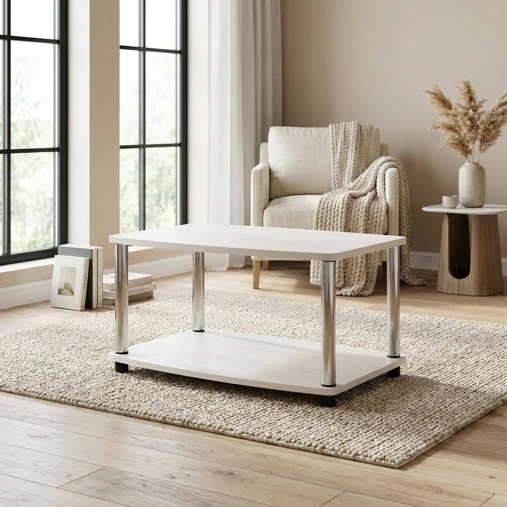Alt View 2. FurniFact - White Oak, Chrome TV Stand, Elevated 2-Tier Design, Wooden Construction - White.