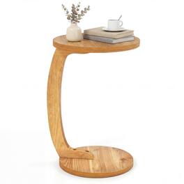 Costway - 1 PCS Round C-shaped Side Table, 24" Solid Teak Wood End Table with Thickened Top - Natural